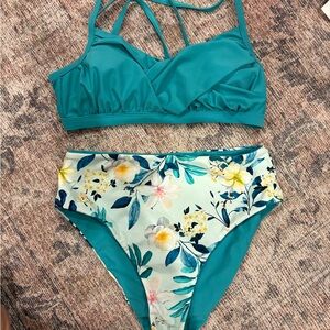 Cupshe Floral Teal Bikini Set